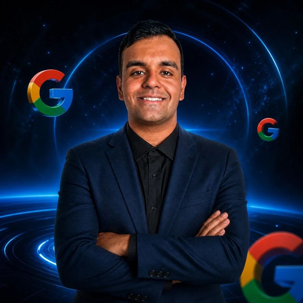 Gustavo Costa, CEO da Novo Impacto Digital, de blazer azul e braços cruzados