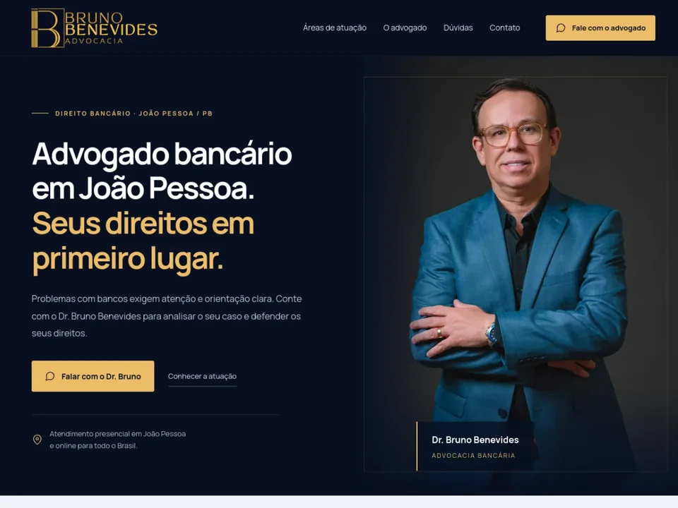 Página inicial do site do advogado Bruno Benevides